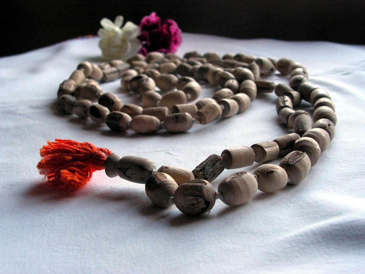 Japa mala (tulasi prayer beads) used for chanting the Hare Krishna mantra